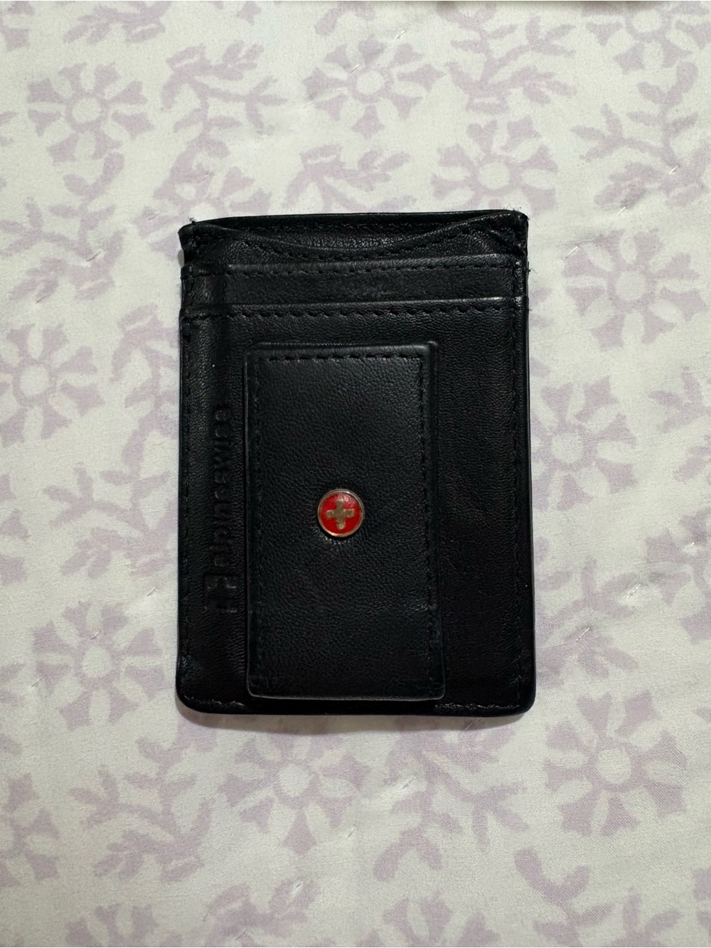Alpine Swiss Black Leather Card Sleeve with Red Cross Accent